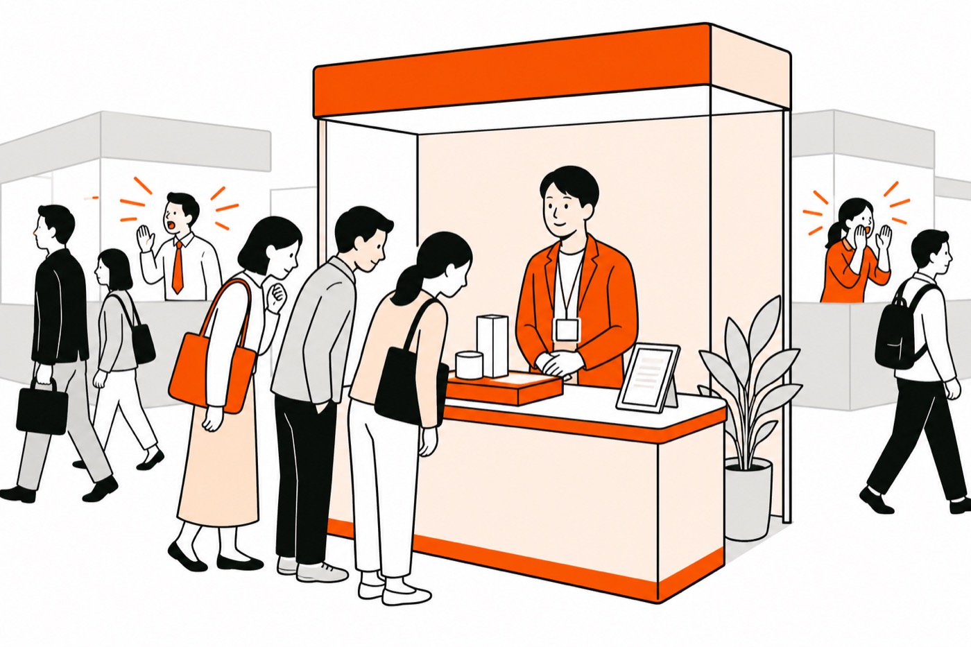 声を張らず落ち着いた接客で来場者が自然に足を止めるブースの様子