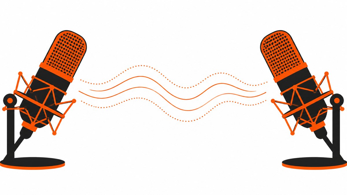 向かい合う2本のマイクと音波のイラスト。経営者対談 kaneko radio を表す